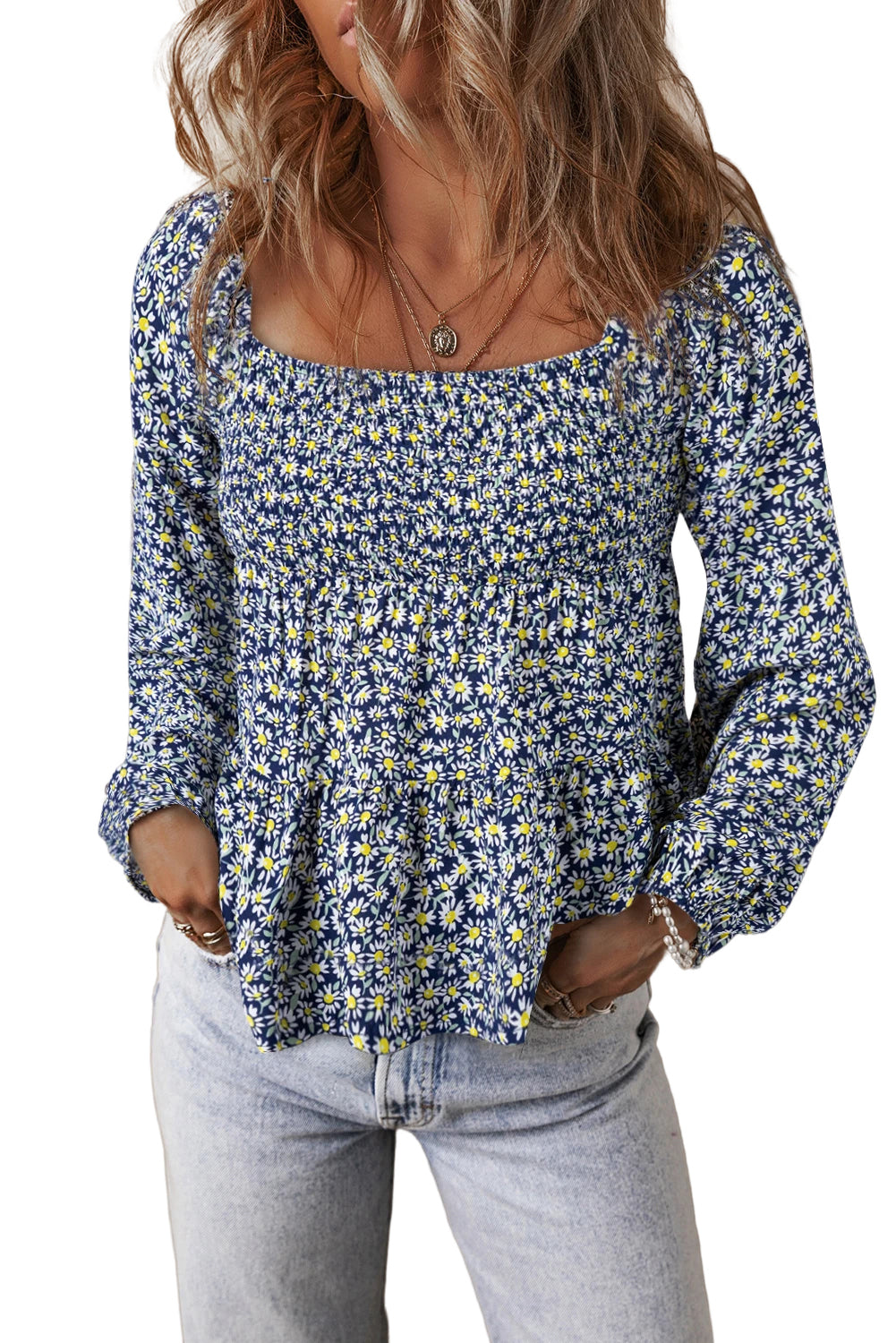Blue Boho Floral Print Smocked Square Neck Loose Fit Blouse