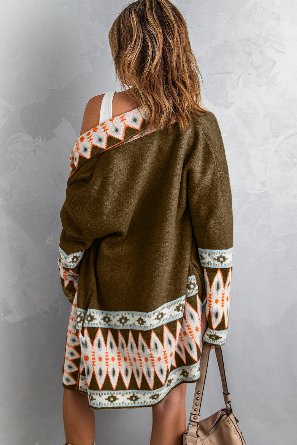 Khaki Aztec Print Open Front Knitted Cardigan