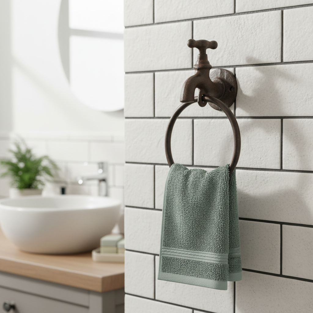Quirky Cast Iron Faucet Towel Holder - Industrial Farmhouse Bath Accent