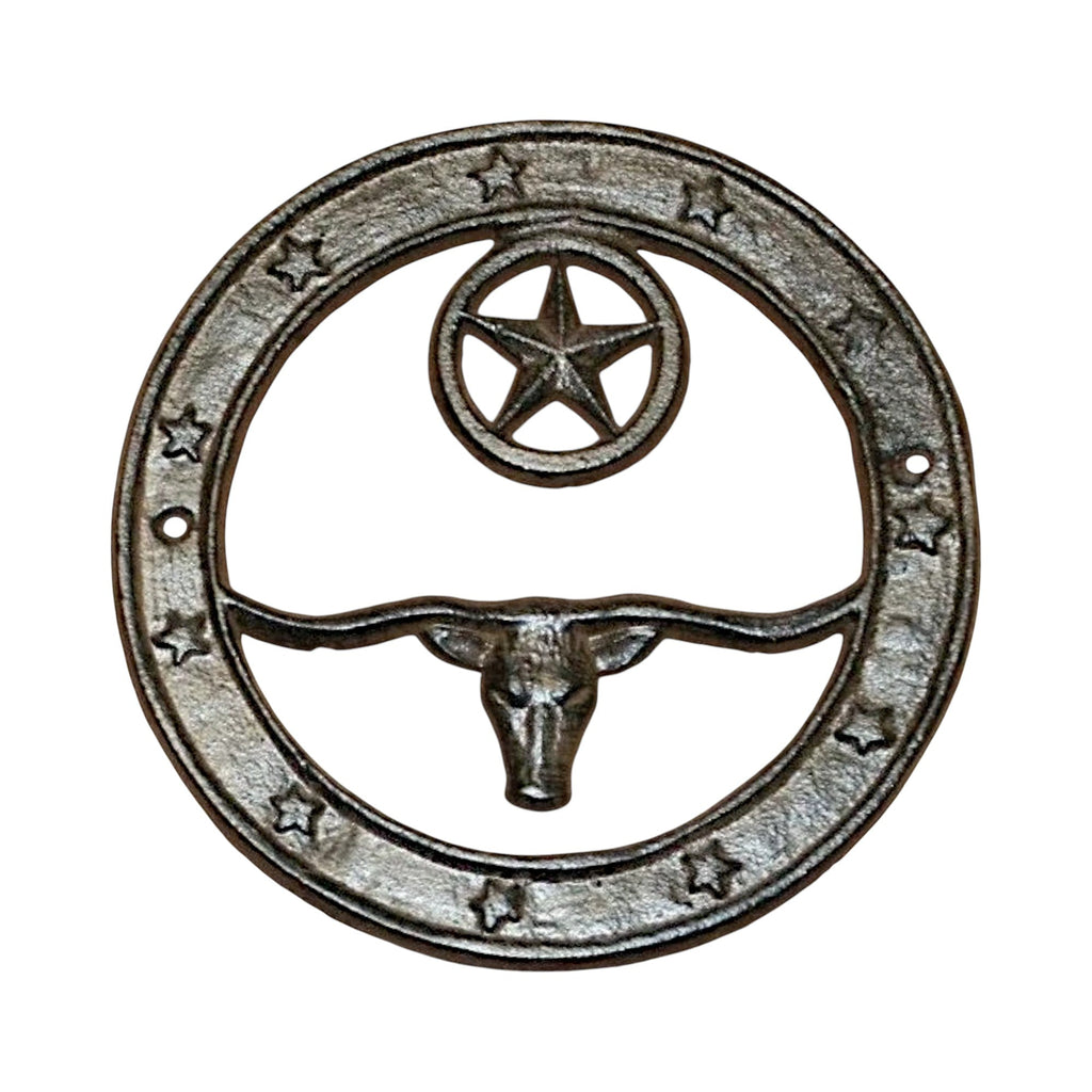 Cast Iron Longhorn and Star Plaque, Western Wall Decor for Farmhouse Cabin