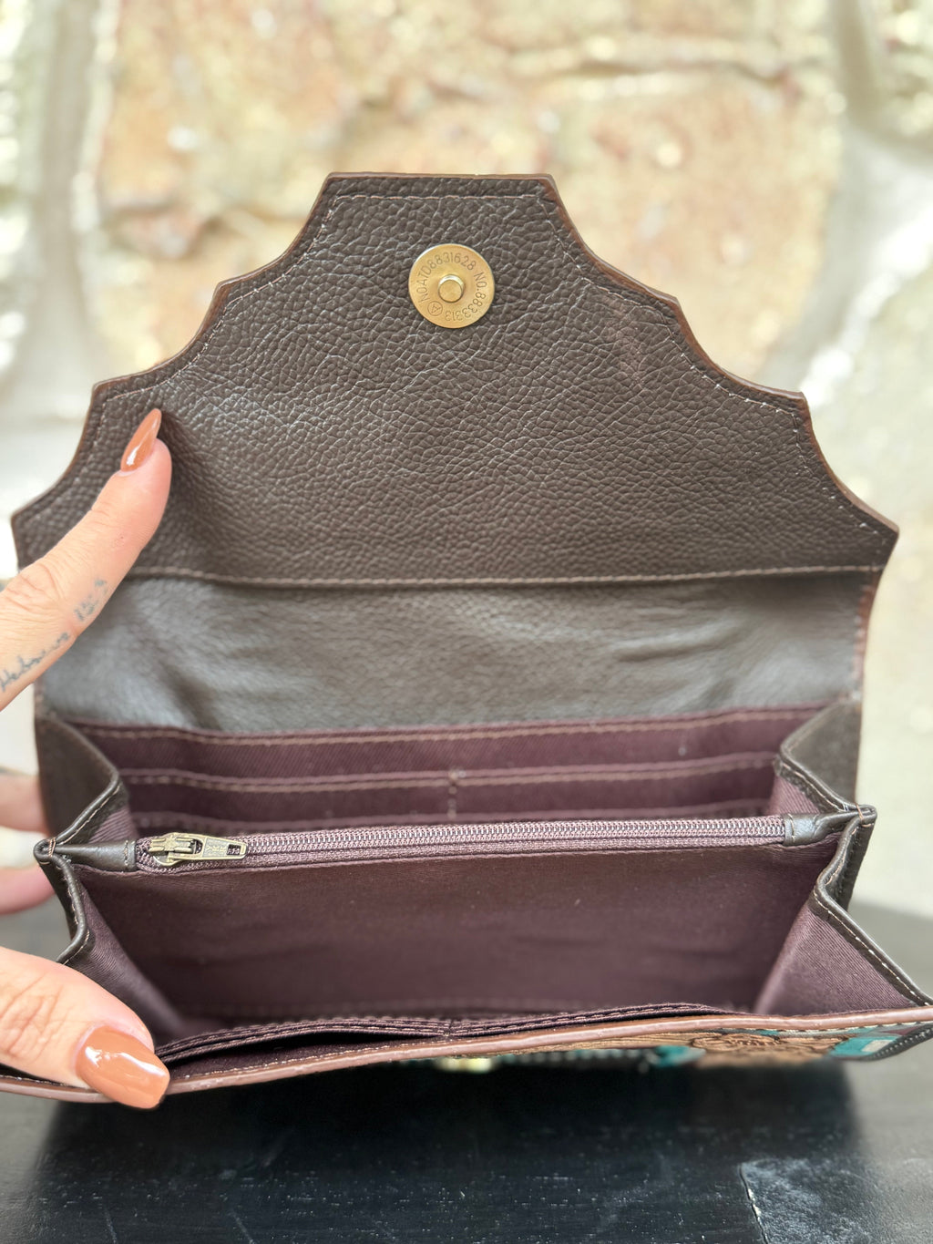 Coral Corral : Inlayed Tooled Leather Turquoise Design Cowhide Wallet