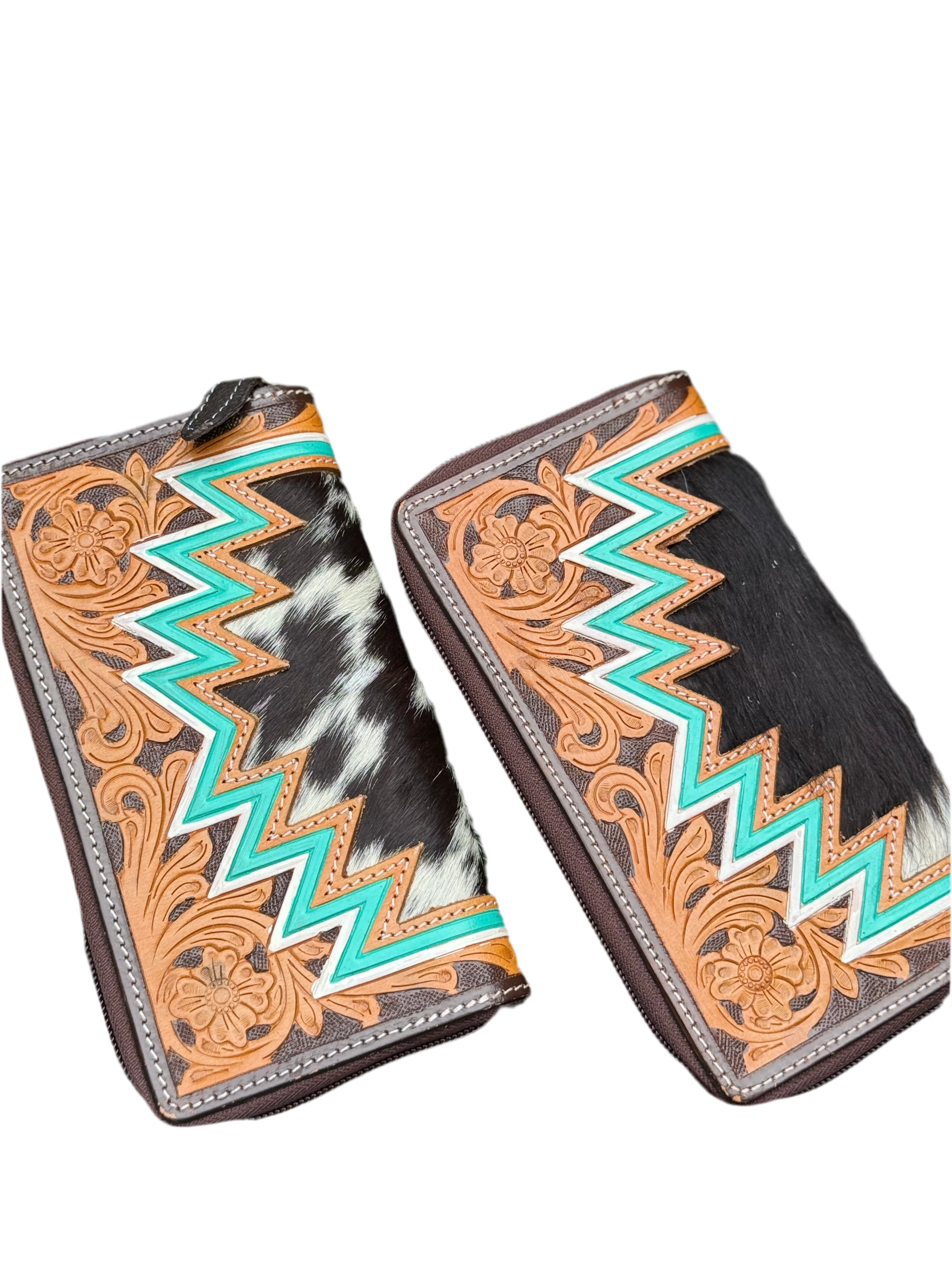 Retro Range Wallet | Tooled Leather and Cowhide Zipper Wallet
