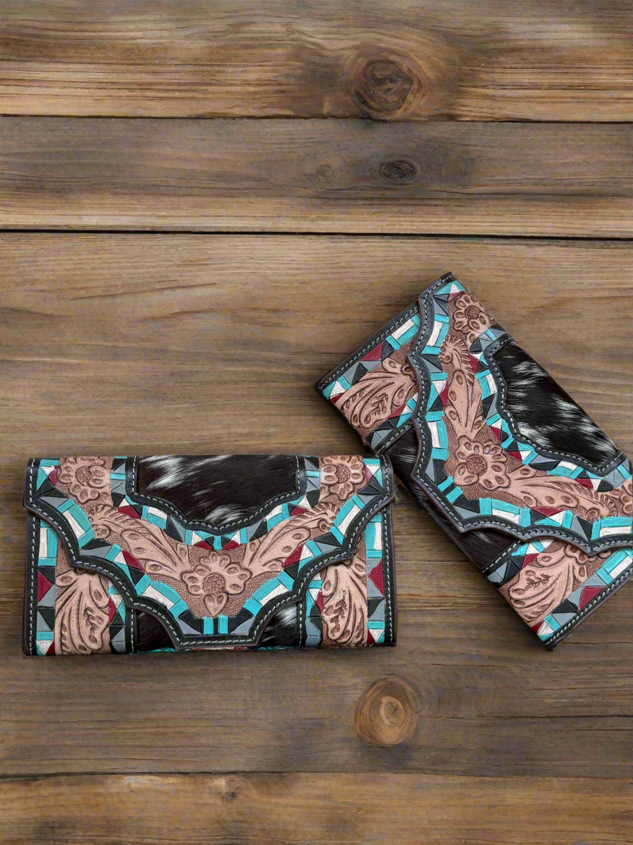 Coral Corral : Inlayed Tooled Leather Turquoise Design Cowhide Wallet