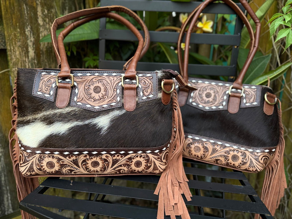 The Frontier Fringe Carryall | Cowhide, tooling, fringe, and function. Includes concealed carry pocket and two ways to wear