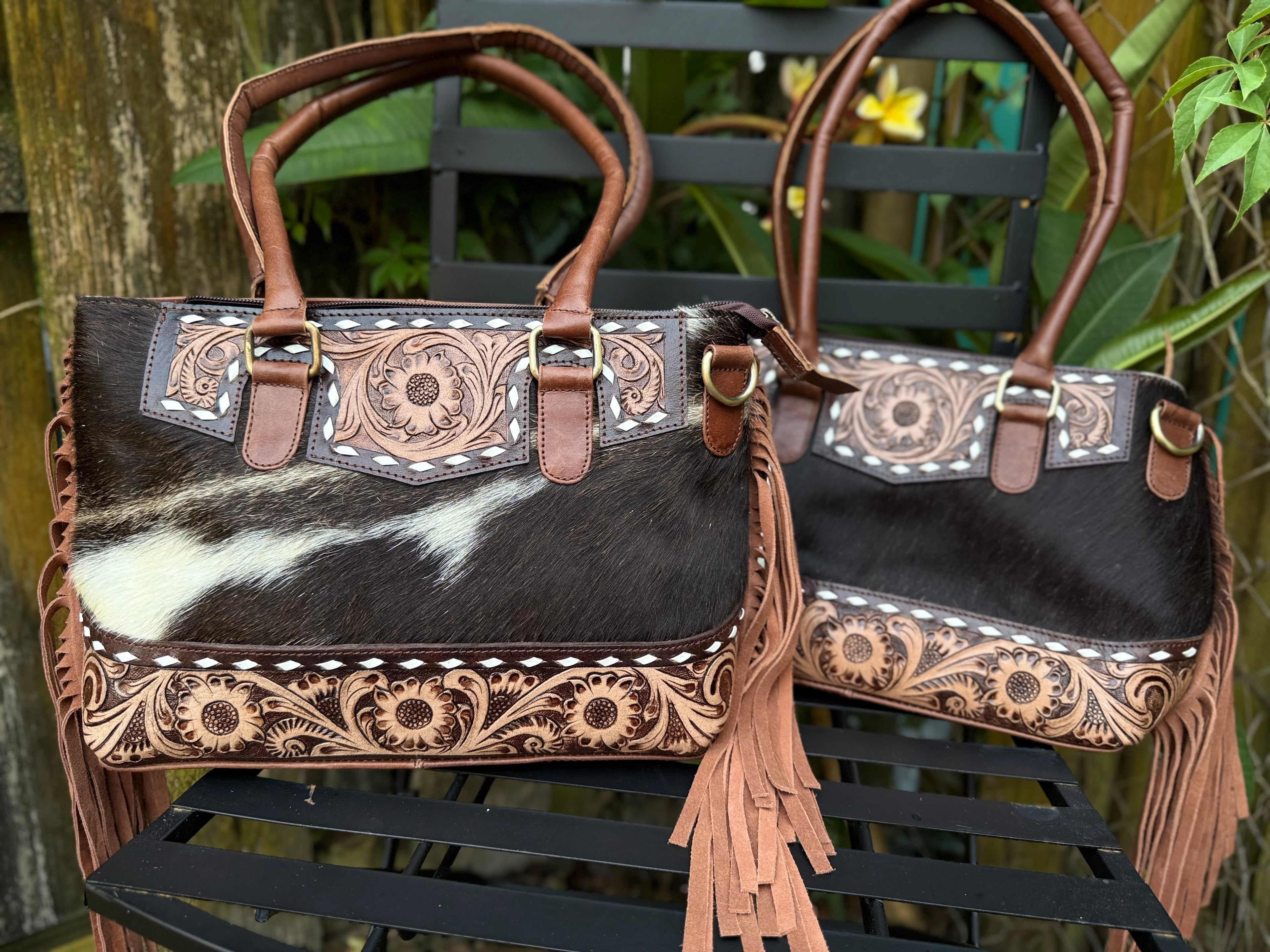 The Frontier Fringe Carryall | Cowhide, tooling, fringe, and function. Includes concealed carry pocket and two ways to wear