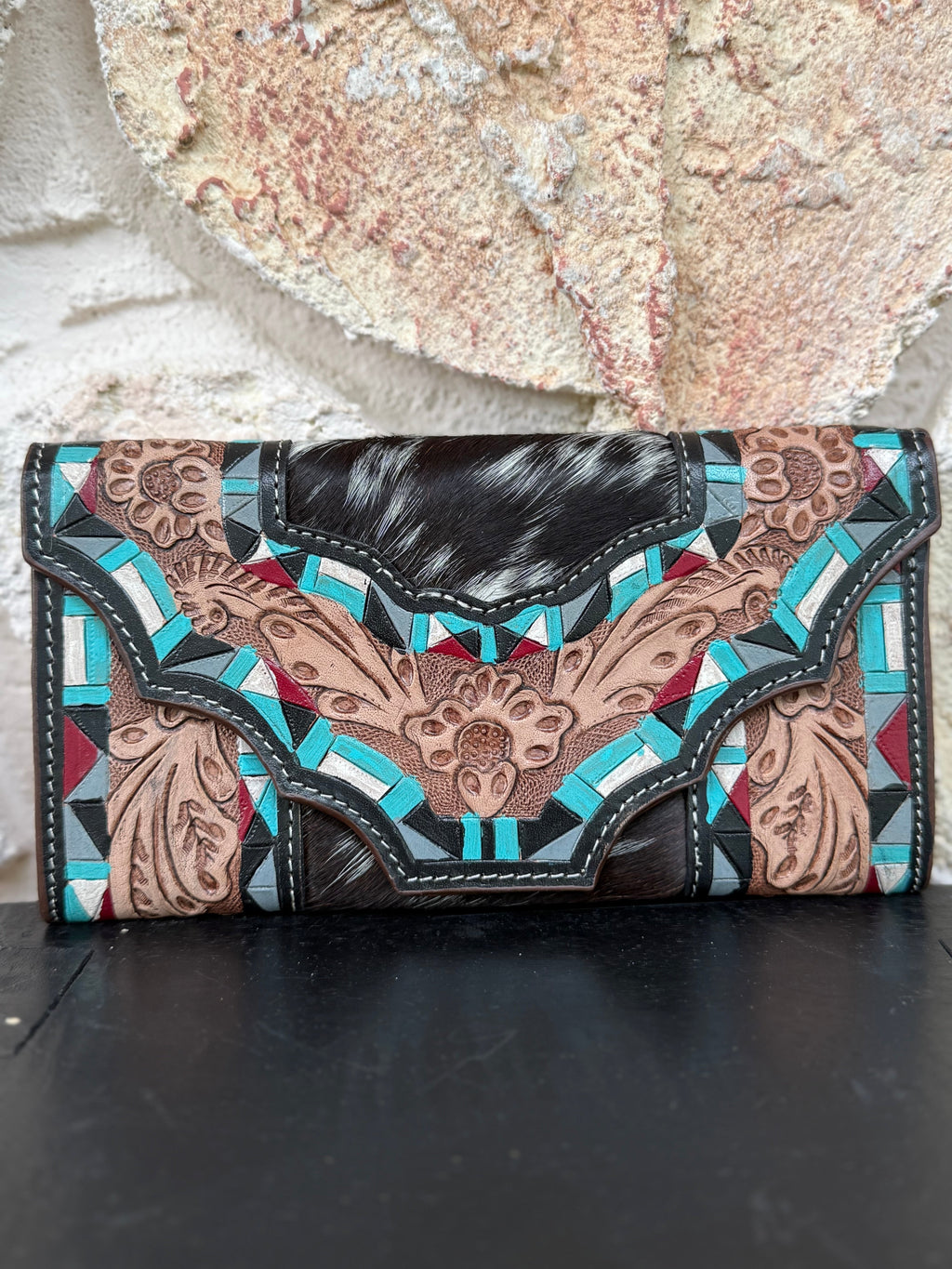 Coral Corral : Inlayed Tooled Leather Turquoise Design Cowhide Wallet