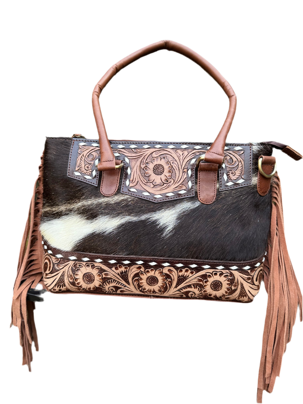 The Frontier Fringe Carryall | Cowhide, tooling, fringe, and function. Includes concealed carry pocket and two ways to wear