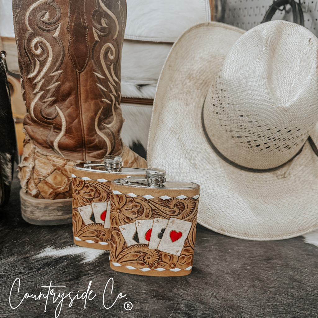 Gambler Tooled Leather Flask