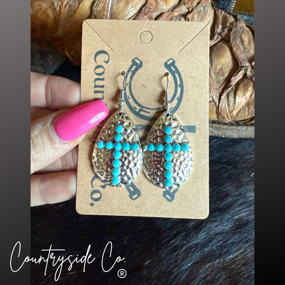 Hammered Silver Cross Dangle Earrings