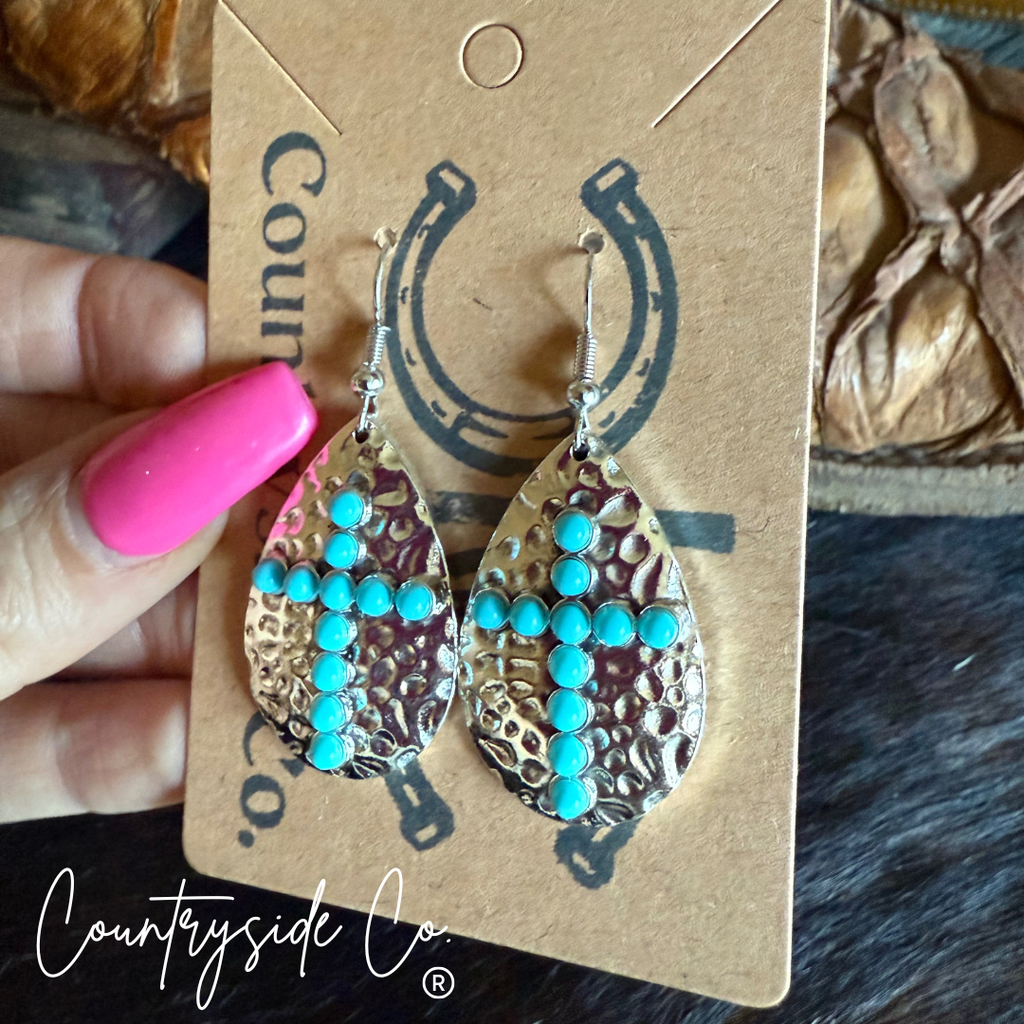 Hammered Silver Cross Dangle Earrings