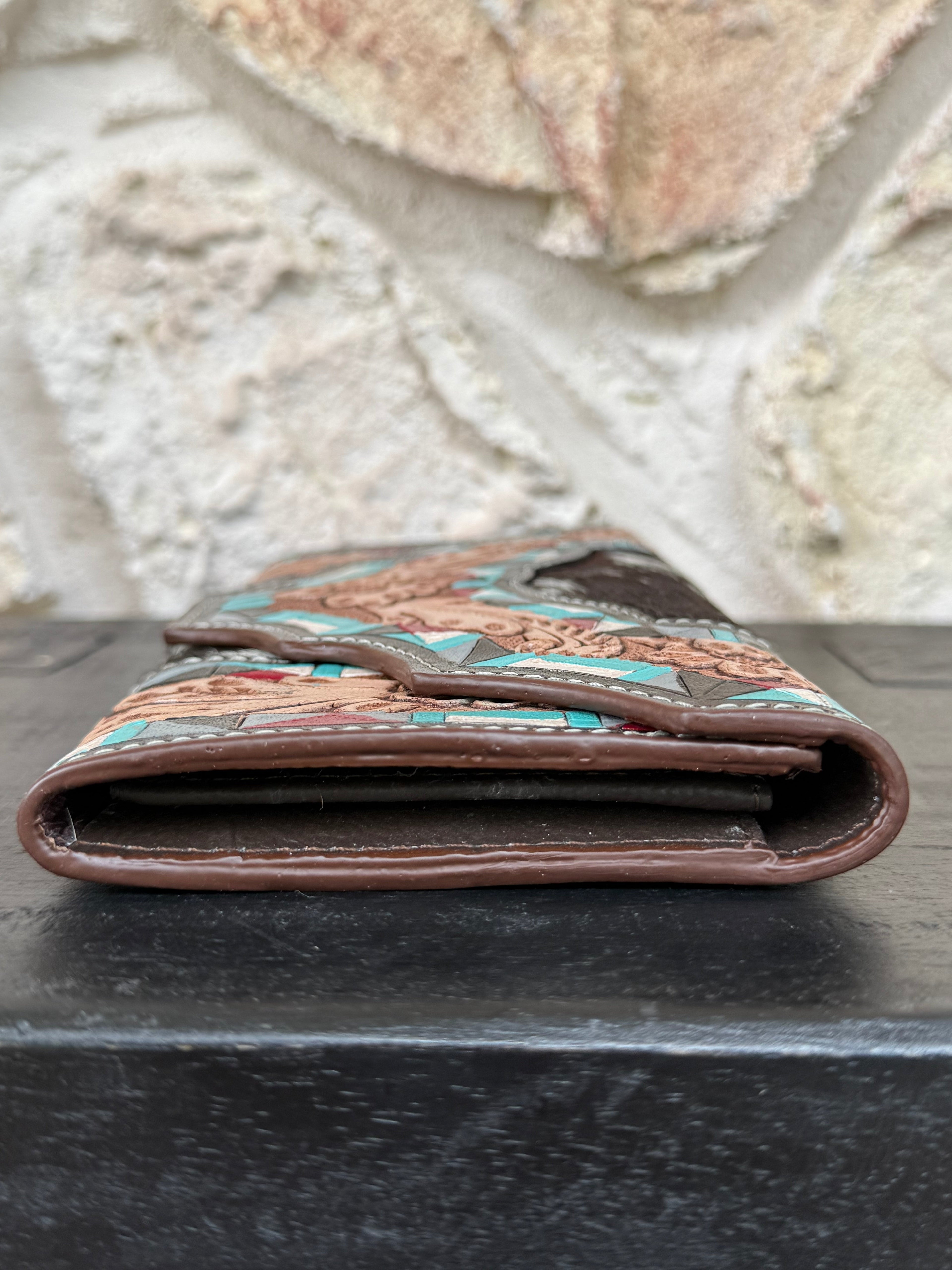 Coral Corral : Inlayed Tooled Leather Turquoise Design Cowhide Wallet