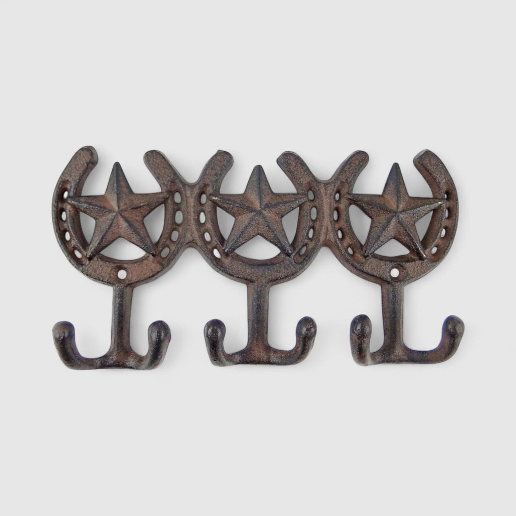 Triple Cast Iron Star Horseshoe Hooks - Western Wall Organizer