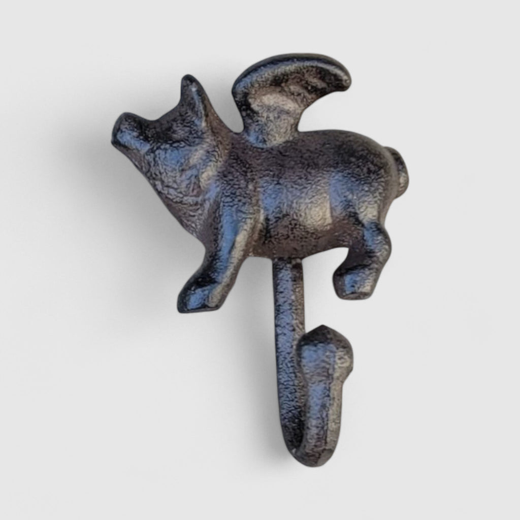 Playful Cast Iron Flying Pig Hook (Left Facing), Quirky Wall Accent