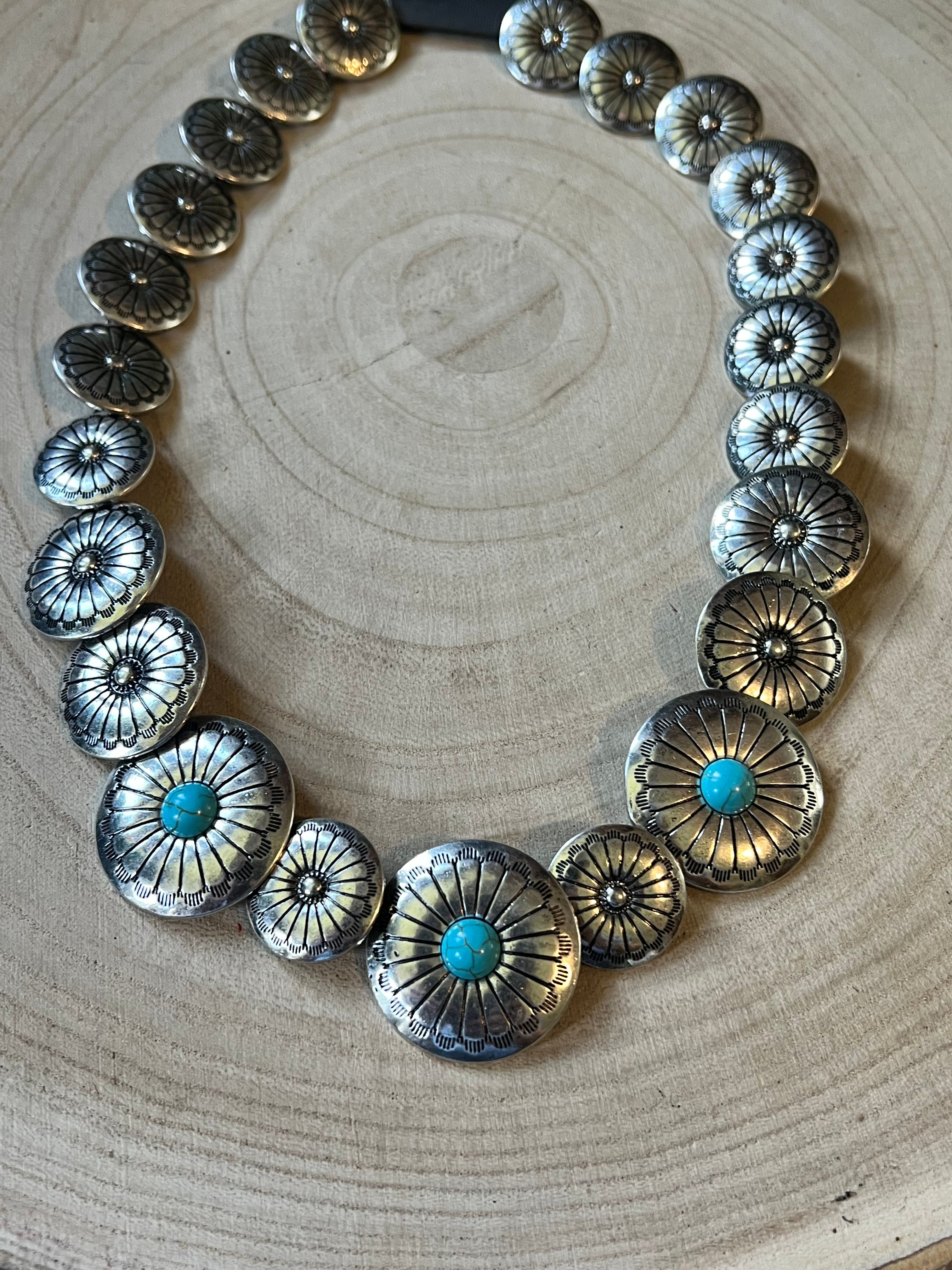 Overlapping Concho with Faux Turquoise Necklace - 18 inch