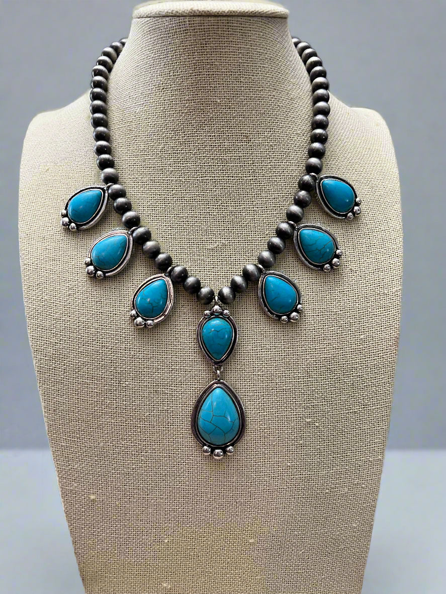 Teardrop Faux Turquoise and Sterling Pearl Necklace - 16 inch + 3