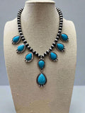 Teardrop Faux Turquoise and Sterling Pearl Necklace - 16 inch + 3