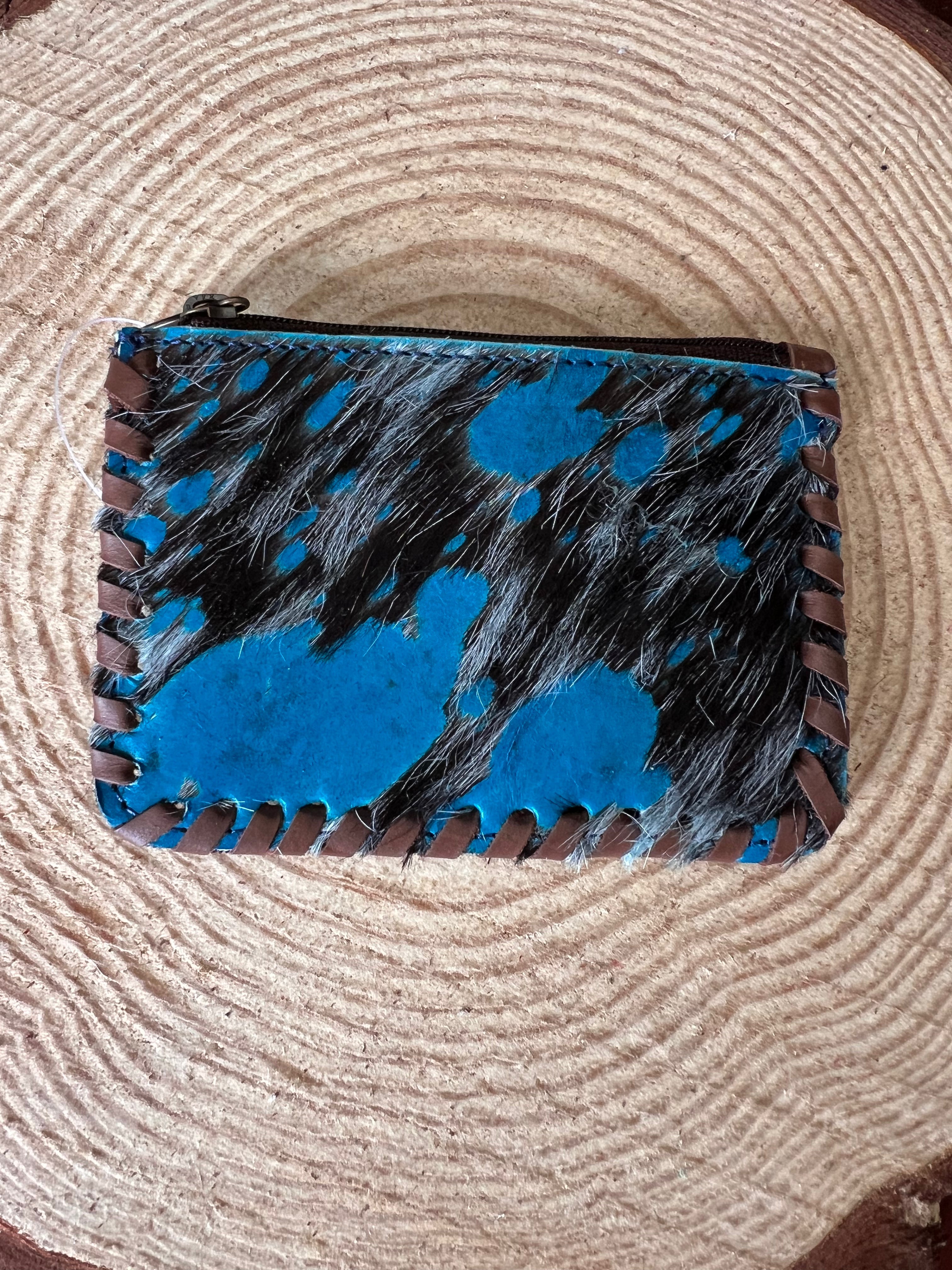 Hair on Hide Coin Purse with teal splattered paint