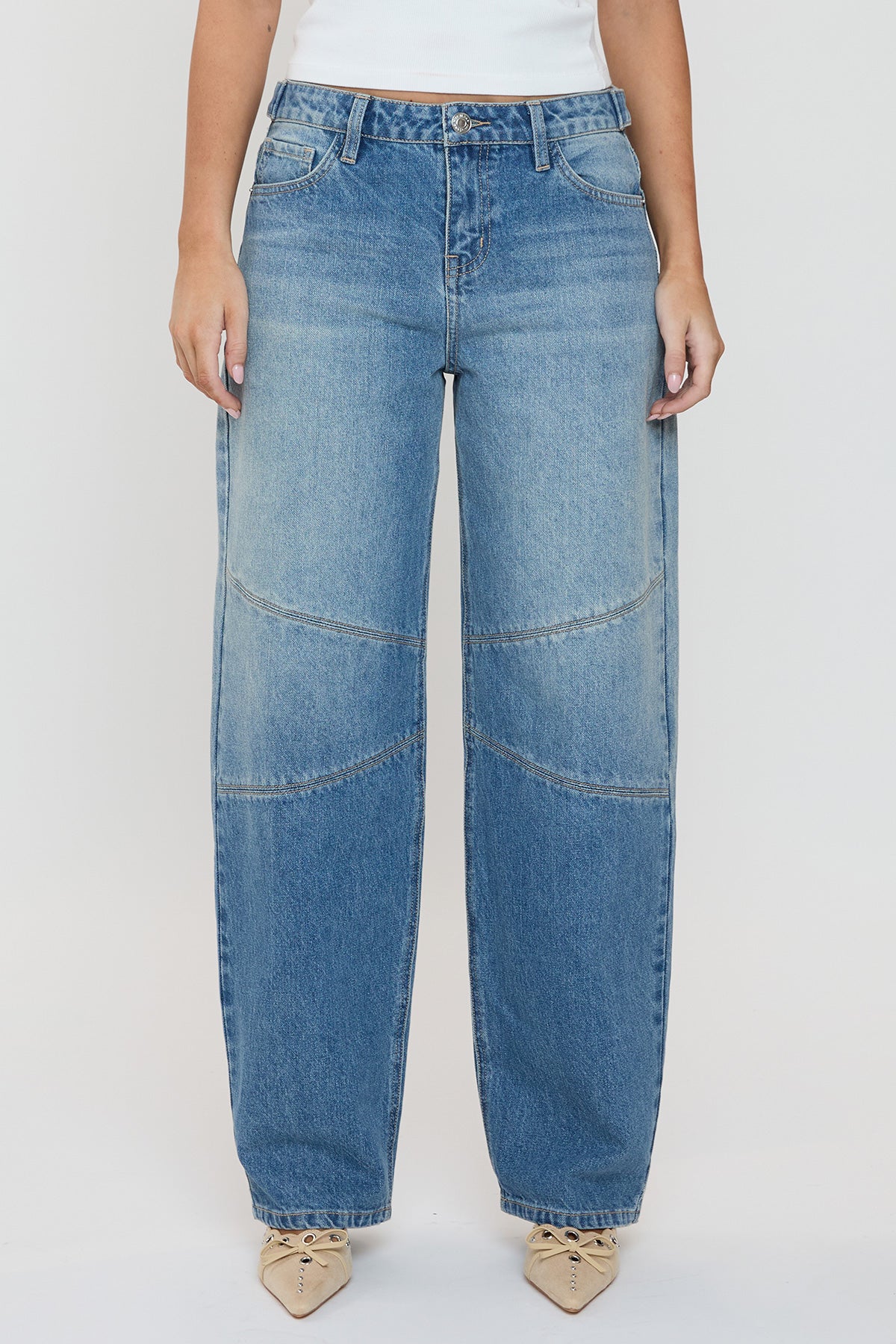 Women's Moto Relaxed Rise Baggy Barrel Jeans with Seam Detail