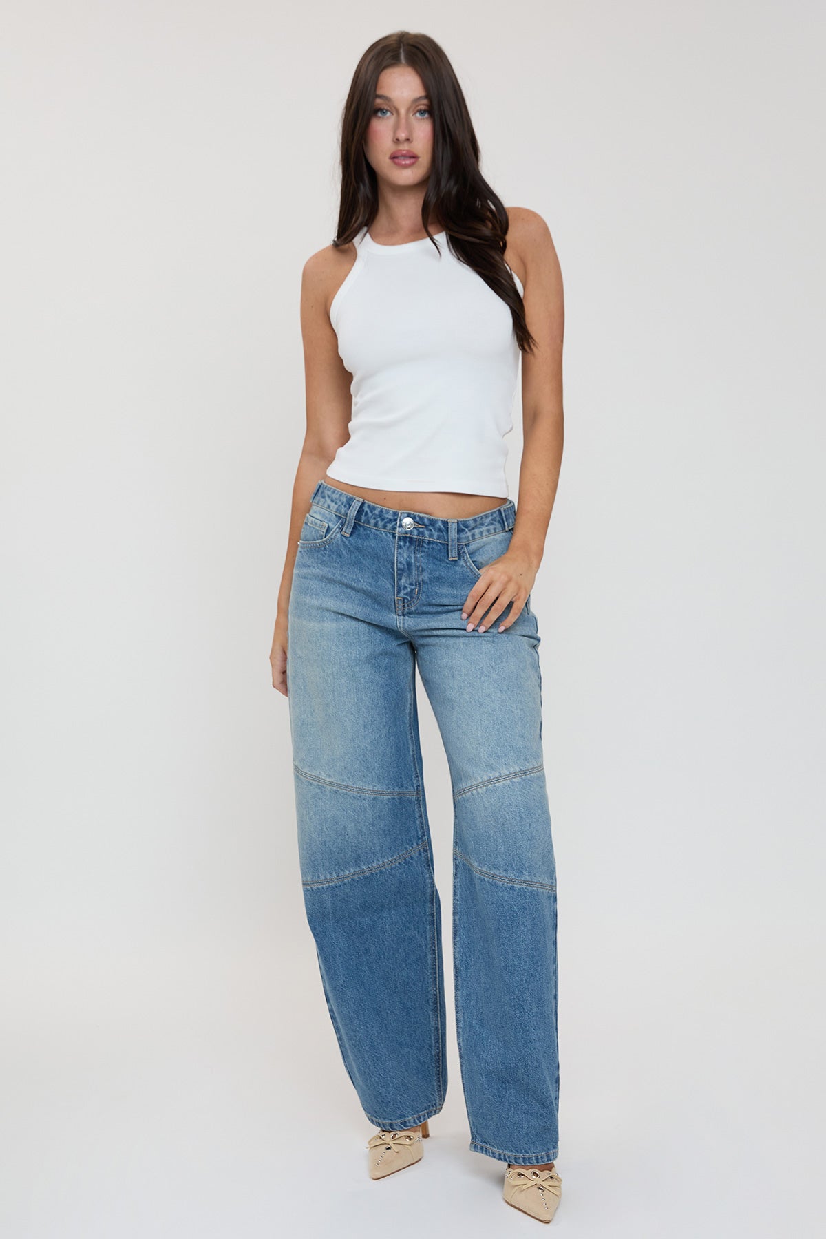 Women's Moto Relaxed Rise Baggy Barrel Jeans with Seam Detail