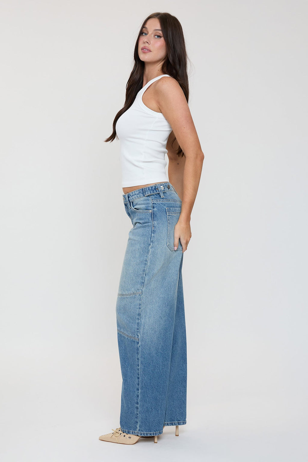 Women's Moto Relaxed Rise Baggy Barrel Jeans with Seam Detail