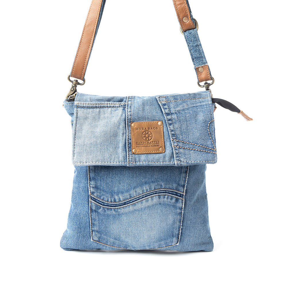 Myra Jaycee's Day Upcycled Denim Crossbody Bag - Foldover Everyday Sling with Leather Strap and Pocket Detail for Laid-Back Vibes