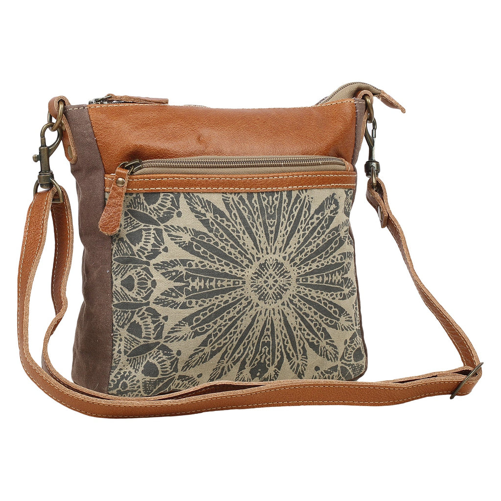 Myra Dizzy Circle Leather Shoulder Bag for Women – Sunburst Floral Print, Adjustable Strap, Rustic Everyday Companion