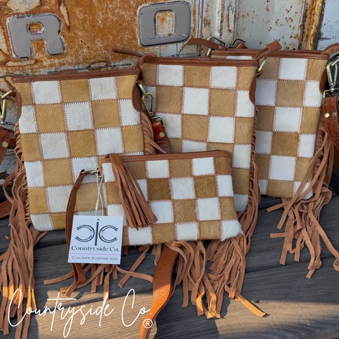 Stockdale Checkered Cowhide Fringe Purse
