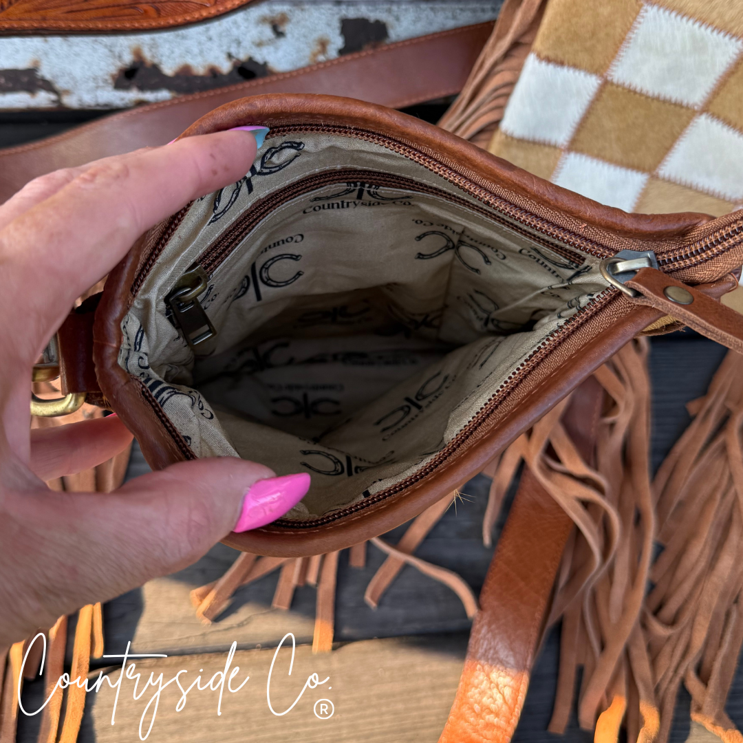 Stockdale Checkered Cowhide Fringe Purse