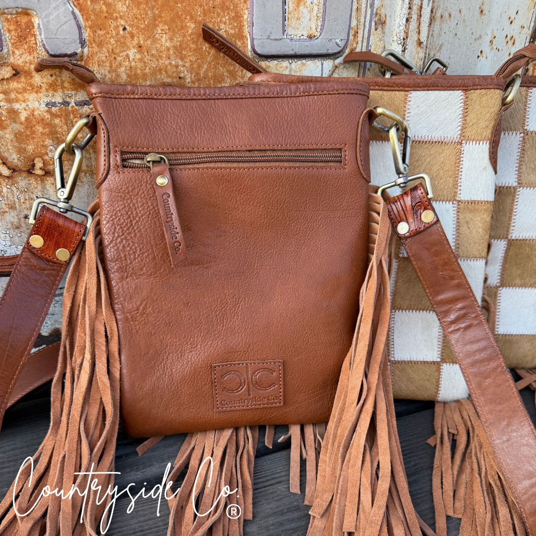 Stockdale Checkered Cowhide Fringe Purse