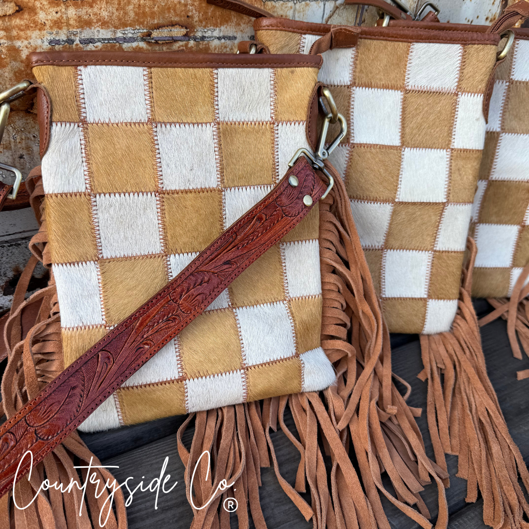 Stockdale Checkered Cowhide Fringe Purse