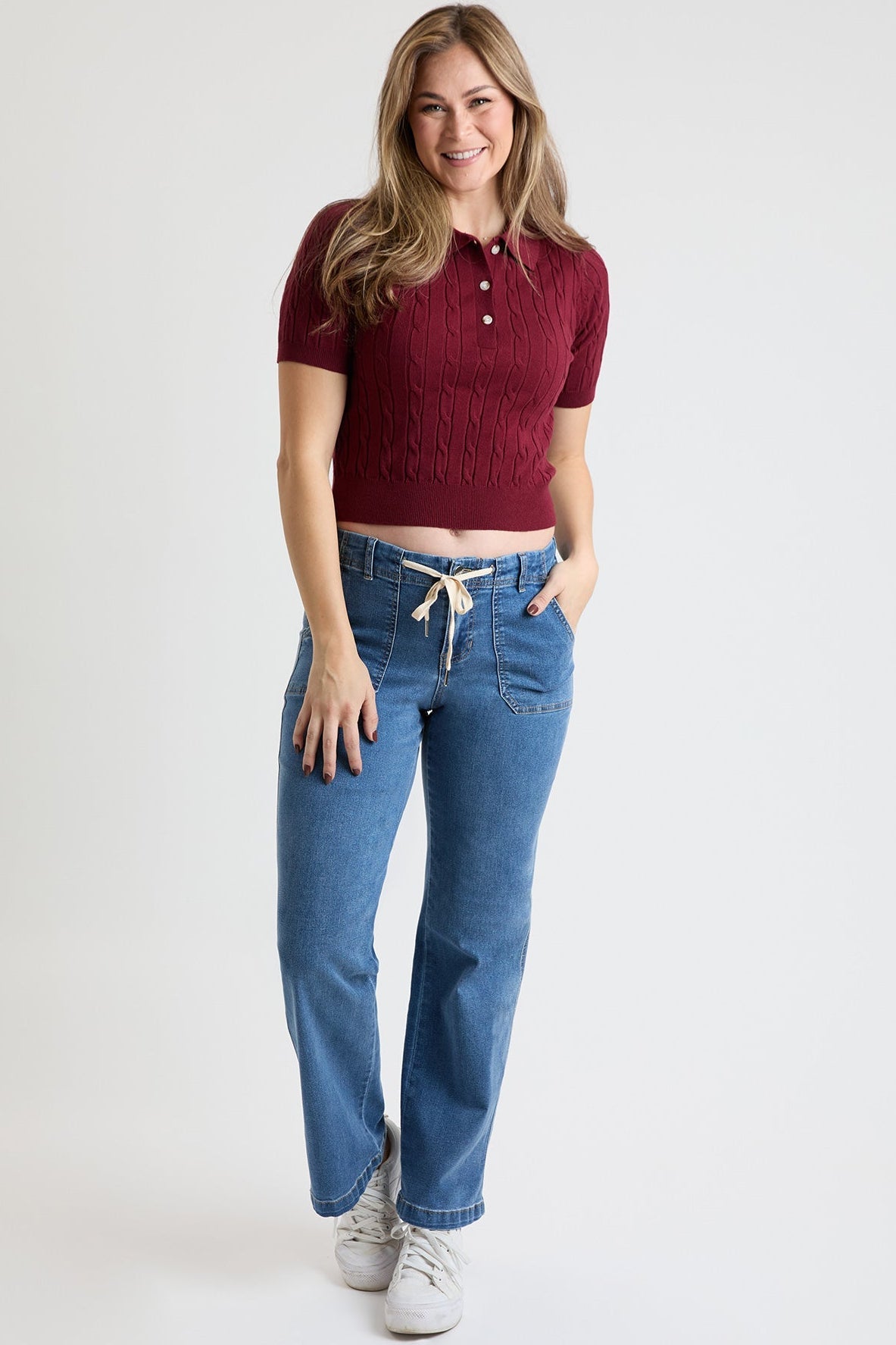 Women's Mid Rise Tie Front Wide Leg Jeans