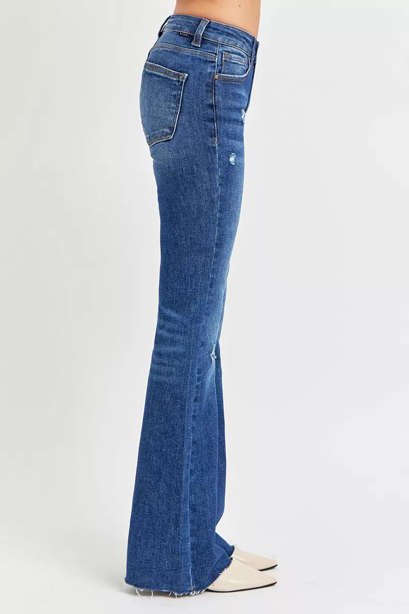 RISEN Full Size Distressed Mid Rise Flare Jeans Plus Size