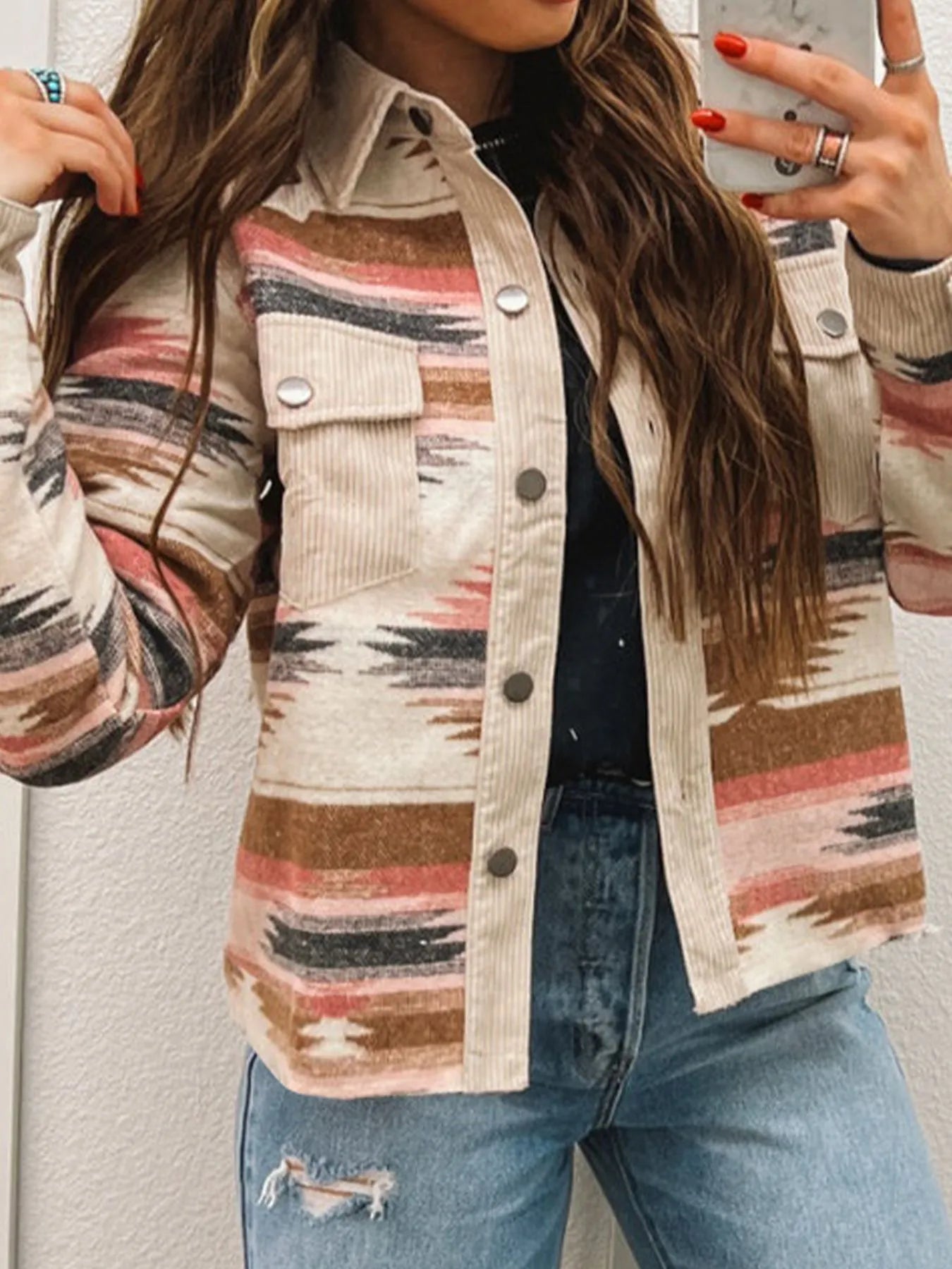 Corduroy Hem Striped Button-Up Jacket