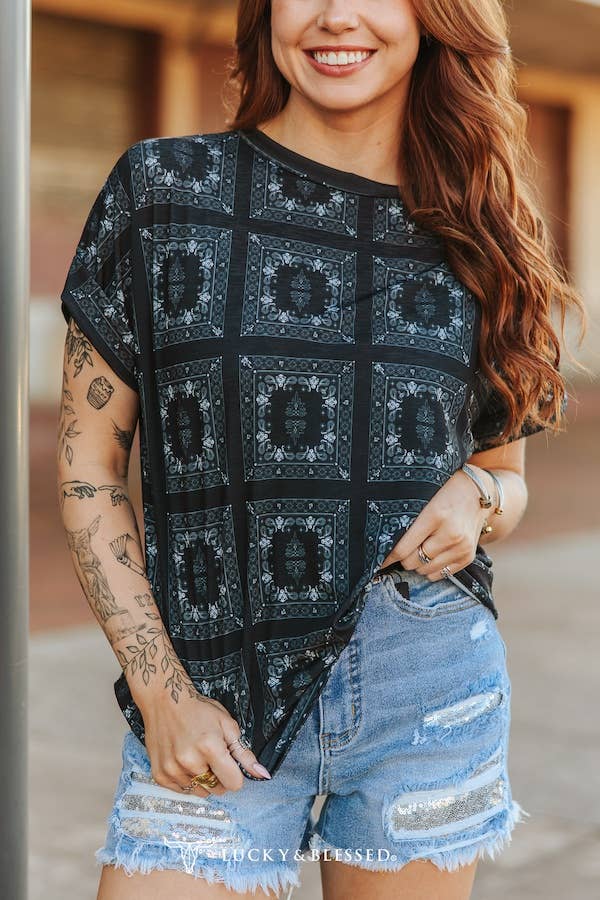 Black Western Bandanna Cuffed Rolled Short Sleeve Top