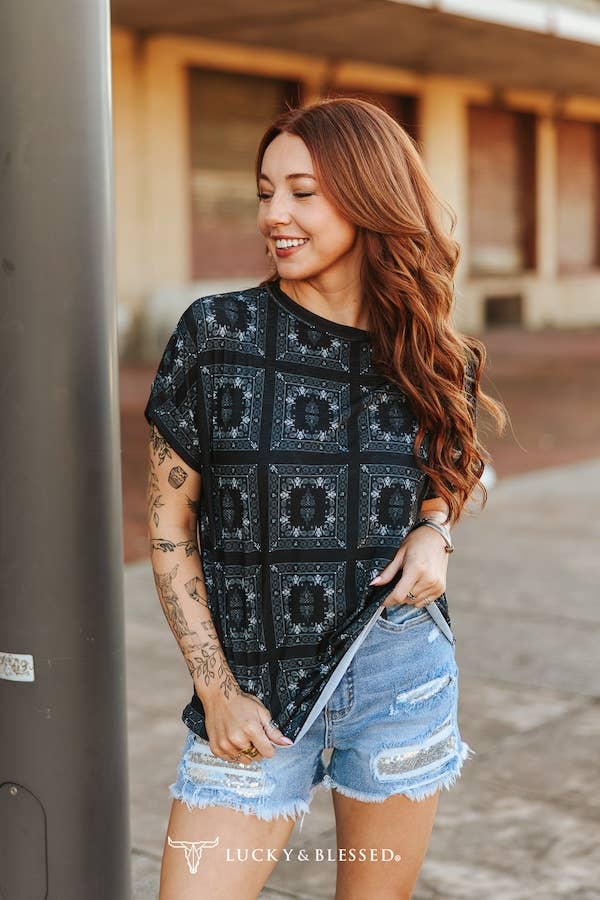Black Western Bandanna Cuffed Rolled Short Sleeve Top