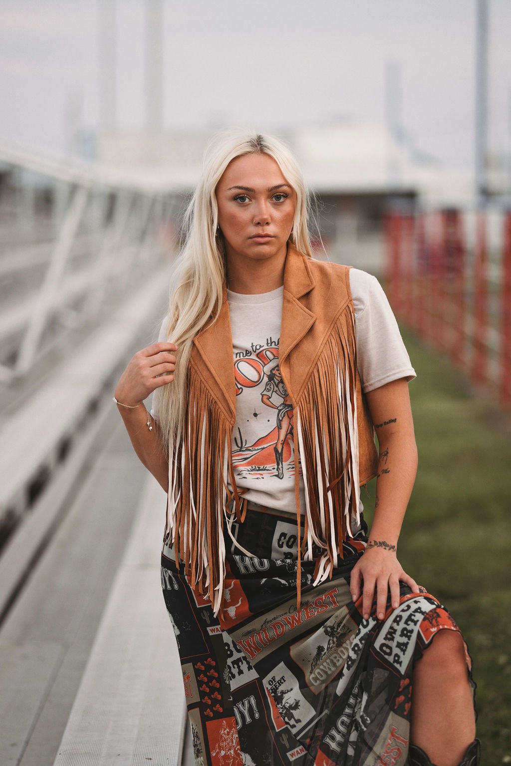 Camel Open Front Fringe Vest