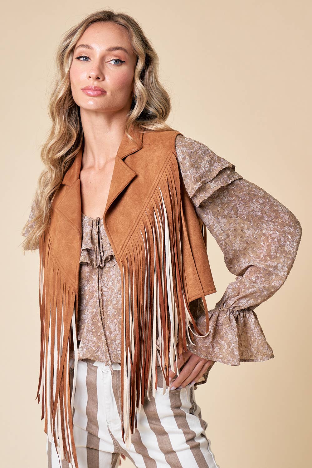 Camel Open Front Fringe Vest