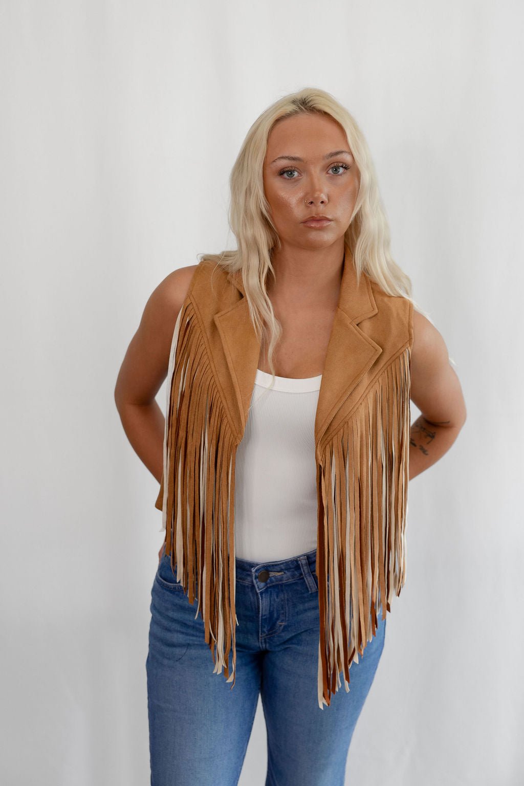 Camel Open Front Fringe Vest