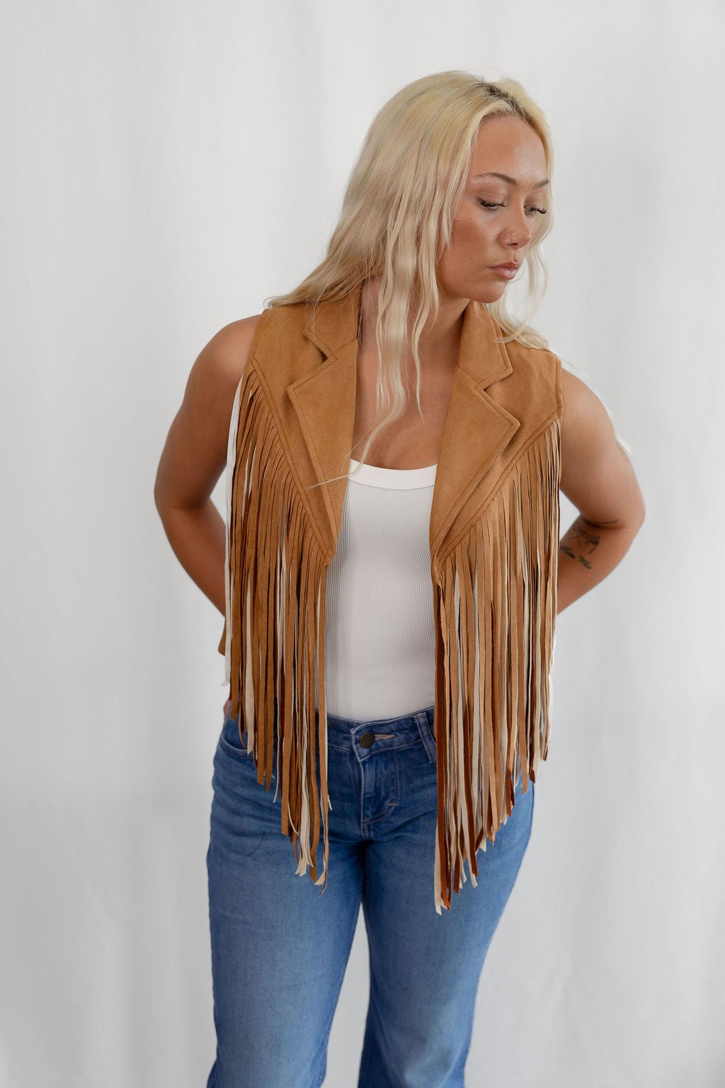 Camel Open Front Fringe Vest