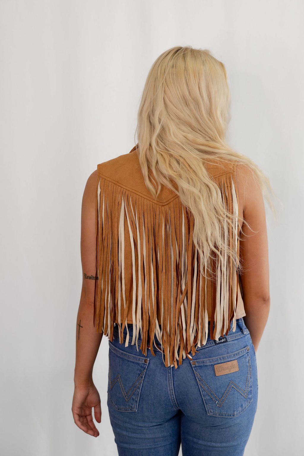 Camel Open Front Fringe Vest