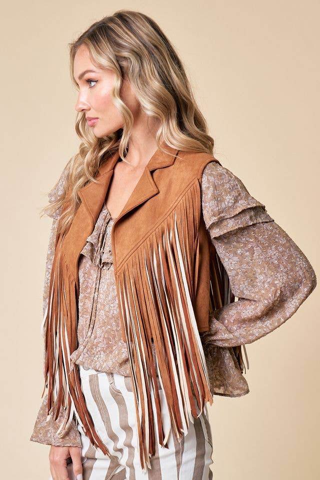 Camel Open Front Fringe Vest