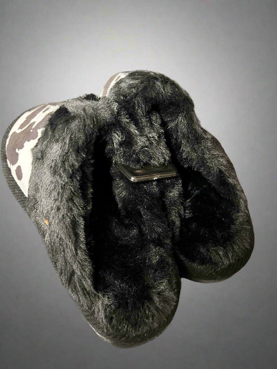 Cow Print Faux Fur Slippers - Black and white