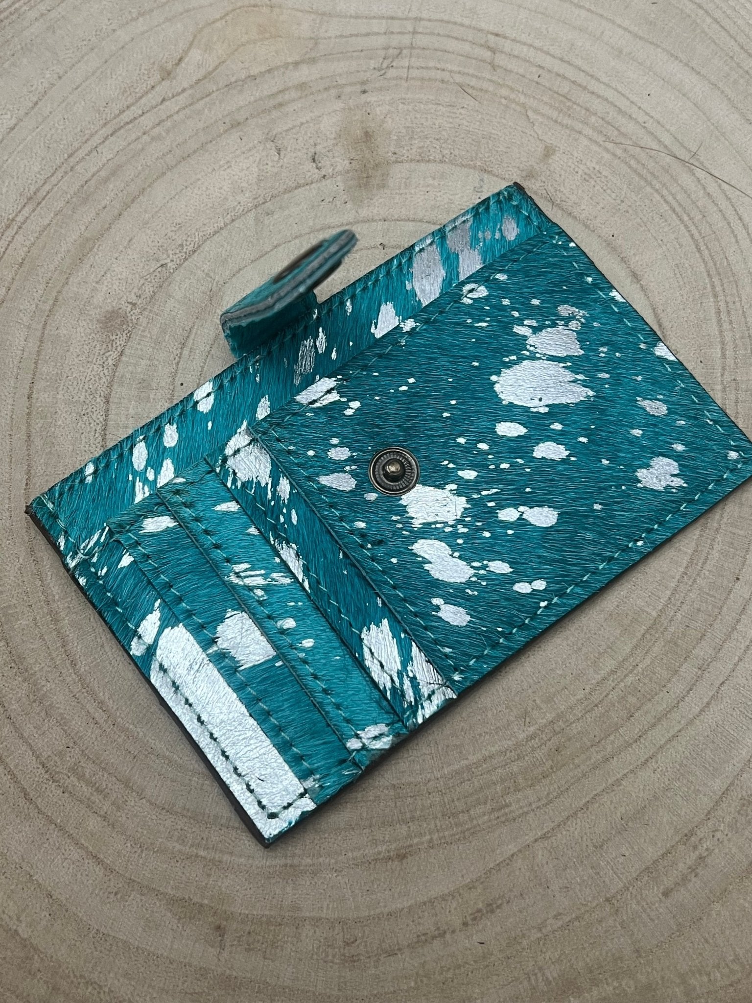 Cowhide Credit Card Wallet - Silver on Turquoise