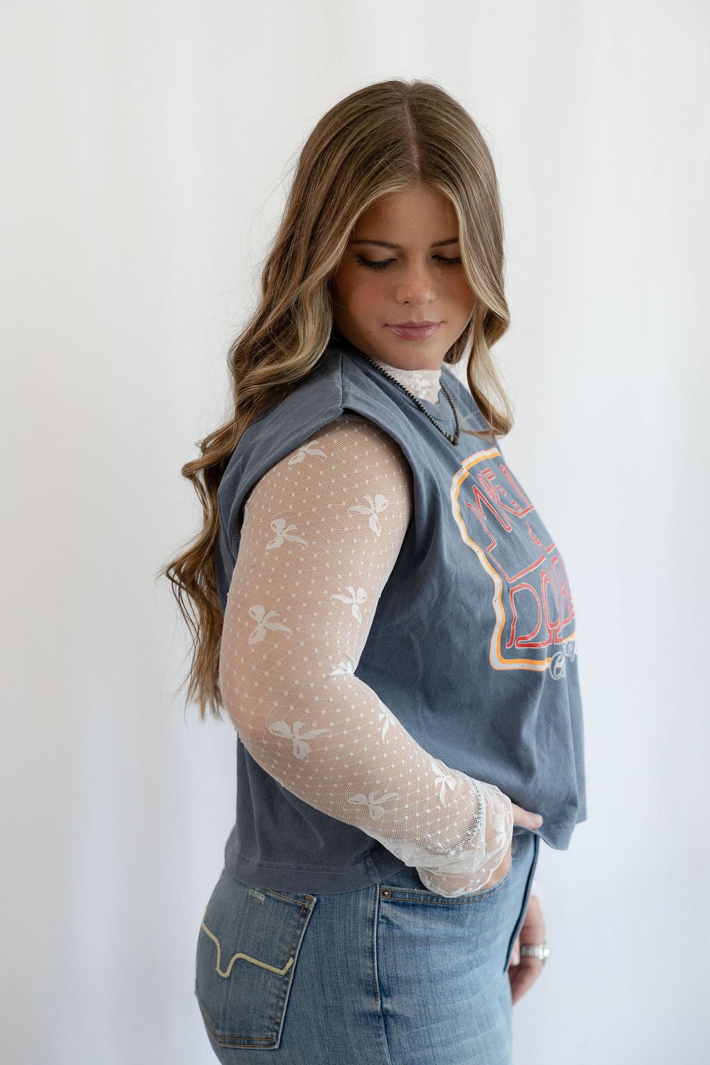 Cute Mesh Bow High Neck Design Long Sleeve Fitted Top - Black & Off White