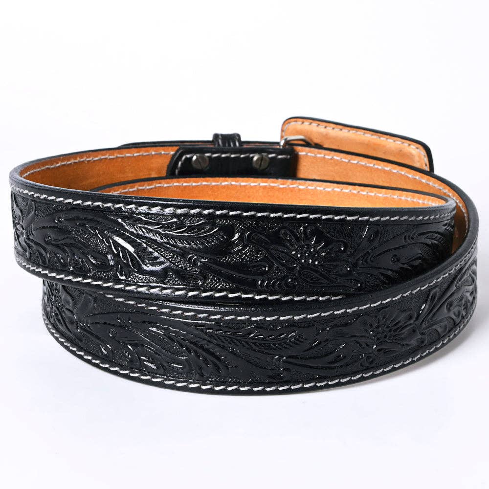 Genuine American Black Hand Tooled Leather Belt - Men or Women