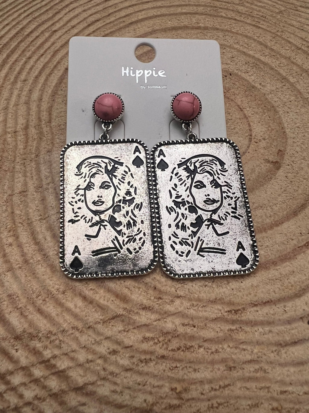 Dolly Card Theme Dangle Earrings with Pink Stone - 2 1/2 inch drop