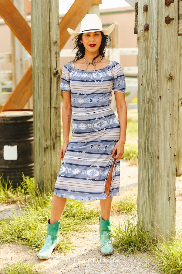 Light Blue Serape Aztec Short Sleeve Off the Shoulder Slit Dress