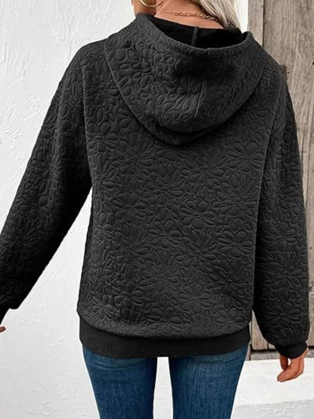 Floral Quilted Hoodie Drawstring With Pocket