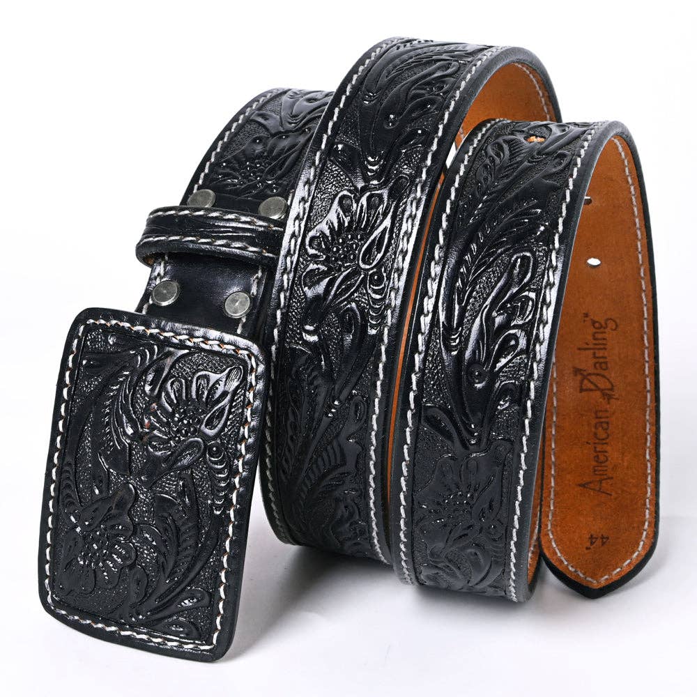 Genuine American Black Hand Tooled Leather Belt - Men or Women