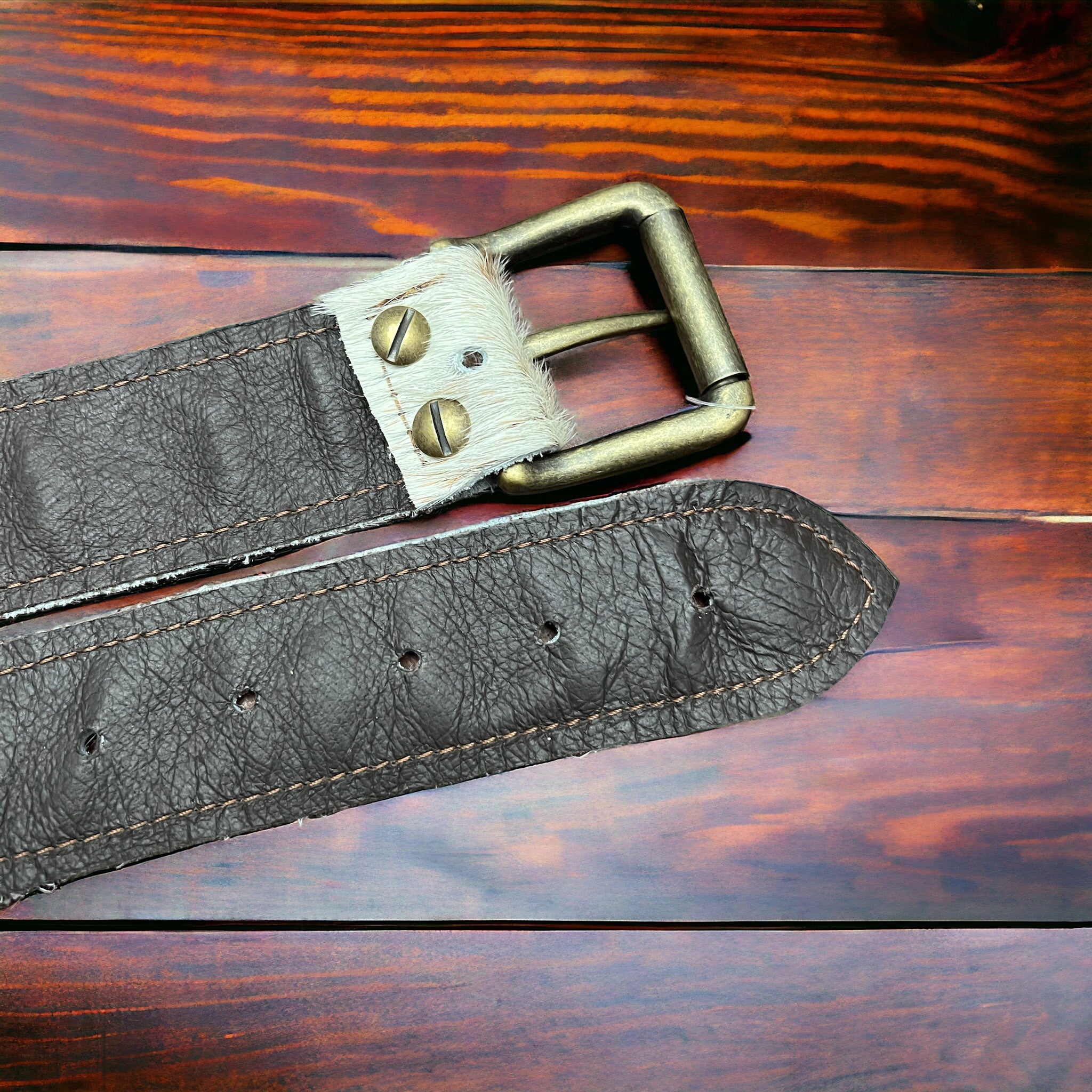 Hair on Hide Tan Brindle Leather Belt with Antique Belt Buckle - Large/XL
